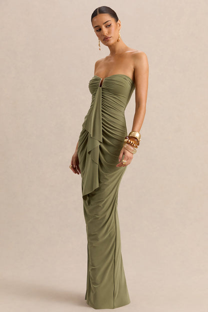 Chloe | Olive Bandeau Maxi Dress With Ruffled Detailing