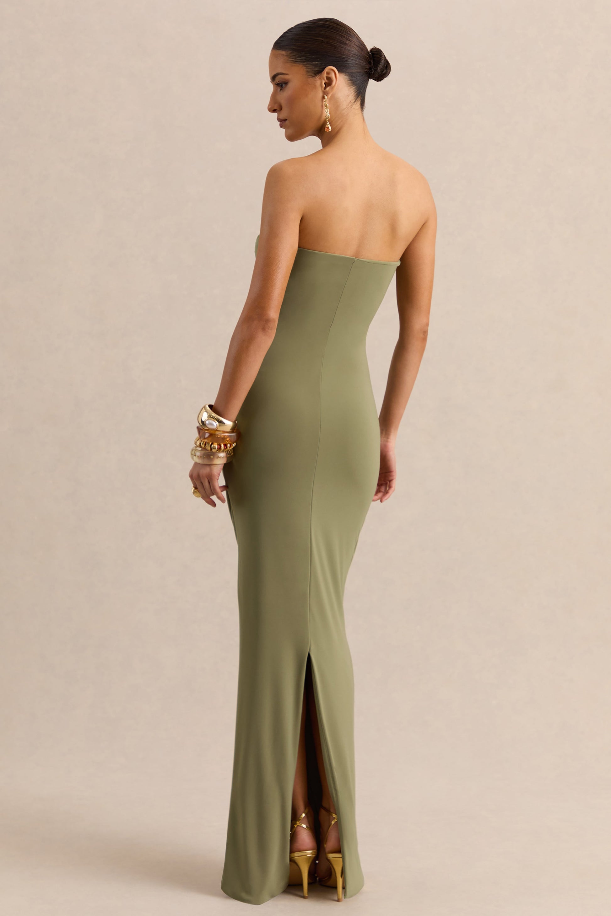 Chloe | Olive Bandeau Maxi Dress With Ruffled Detailing