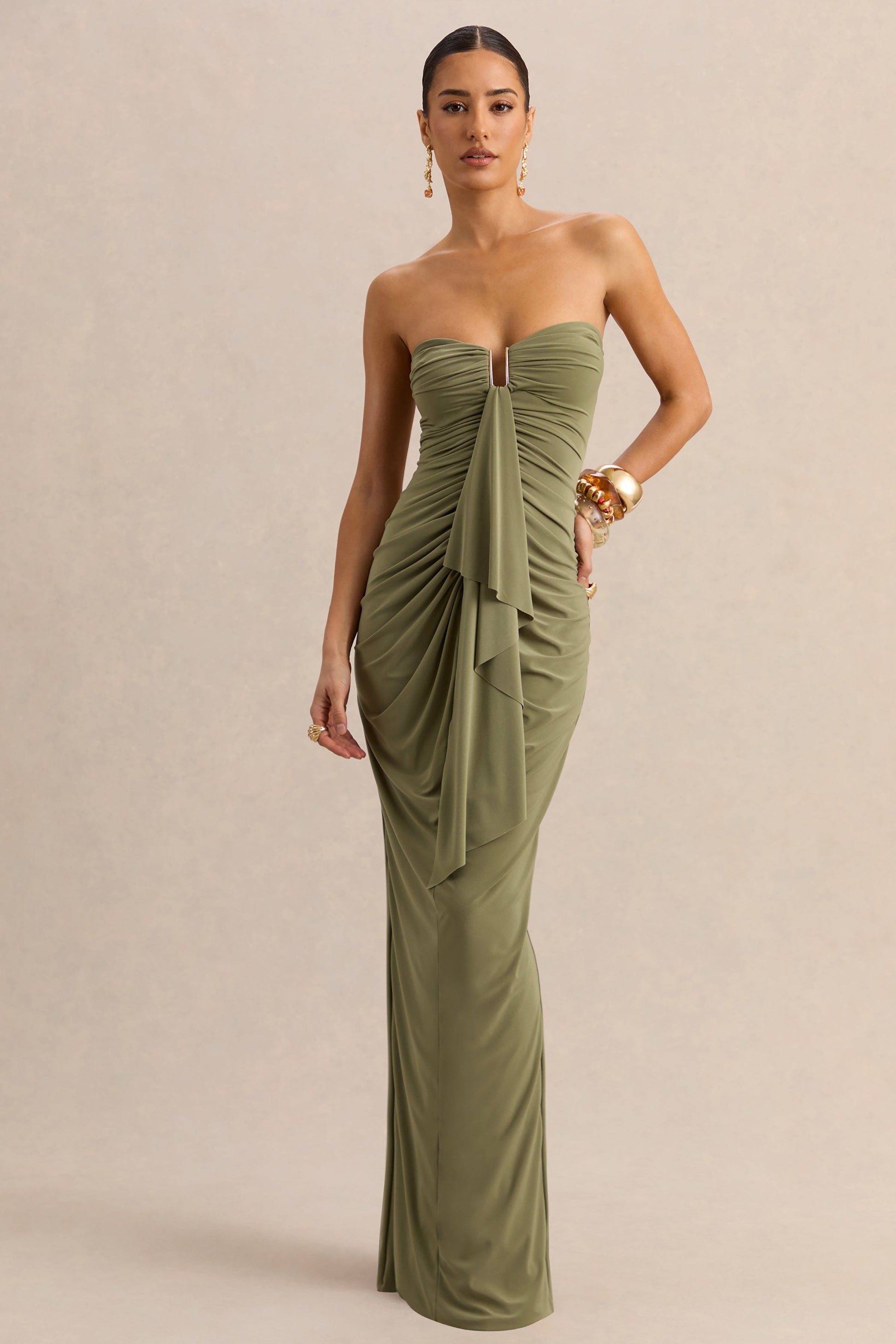 Chloe | Olive Bandeau Maxi Dress With Ruffled Detailing