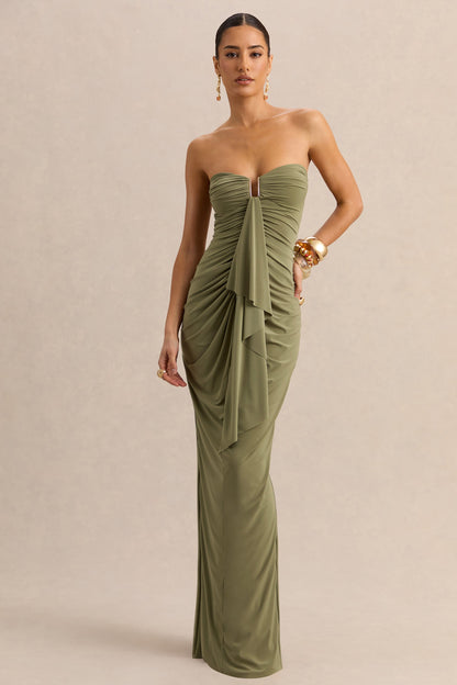 Chloe | Olive Bandeau Maxi Dress With Ruffled Detailing