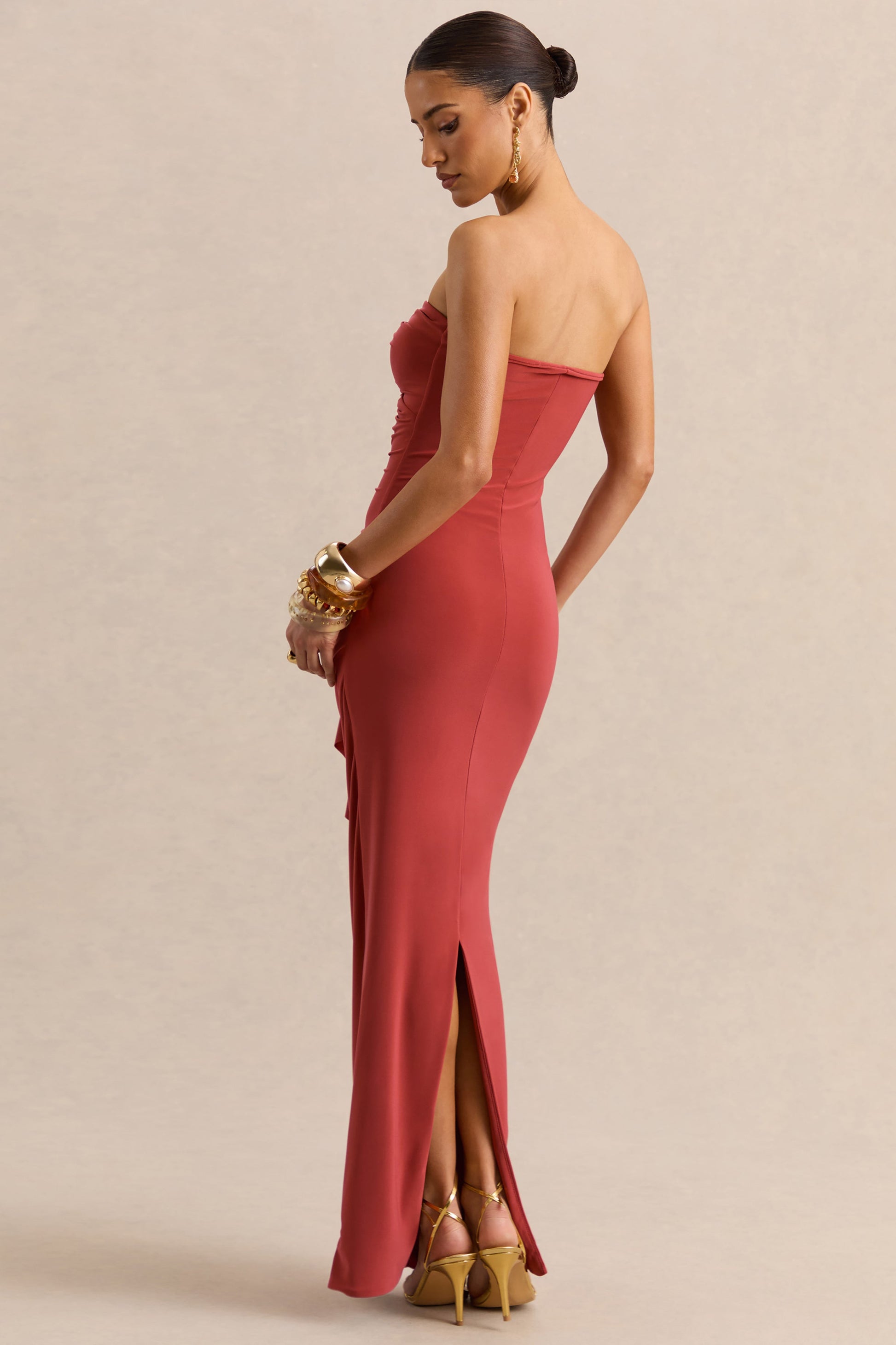 Chloe | Rust Bandeau Maxi Dress With Ruffled Detailing