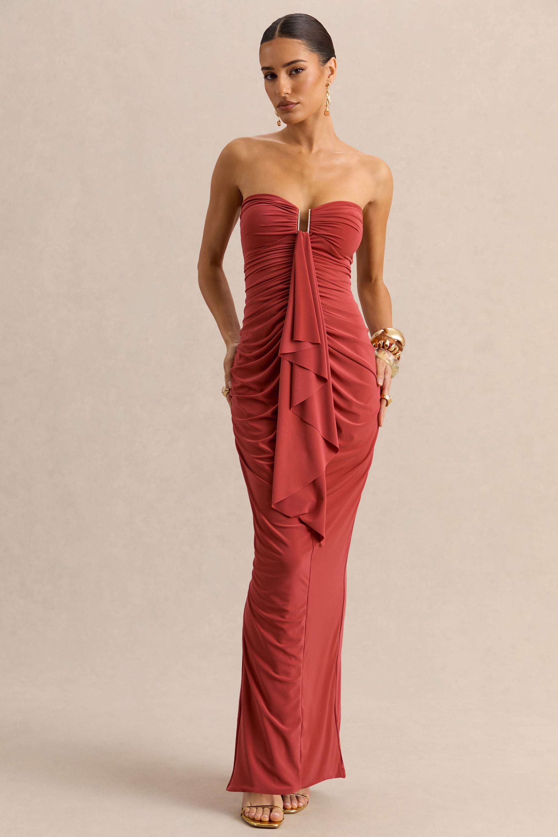 Chloe | Rust Bandeau Maxi Dress With Ruffled Detailing