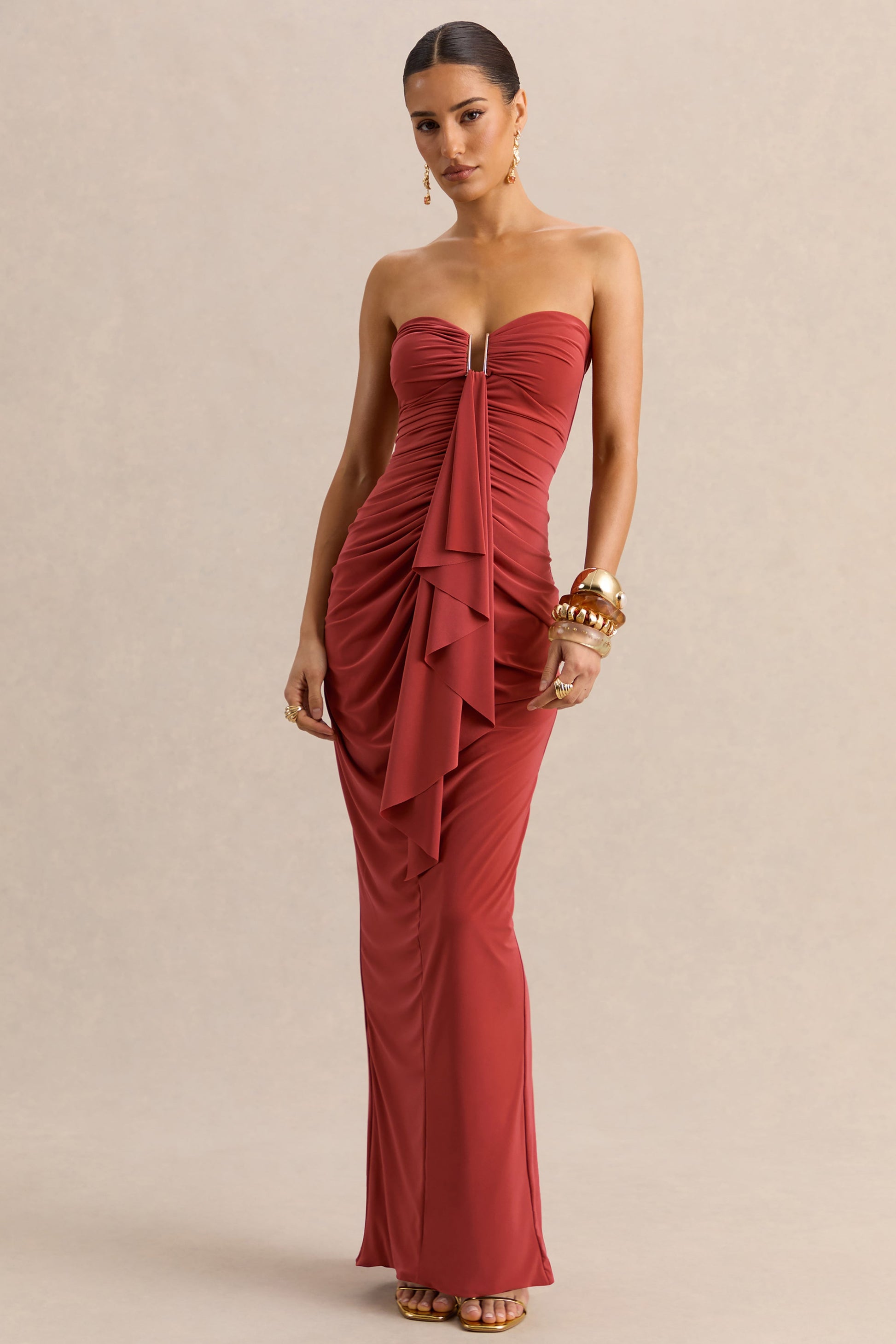 Chloe | Rust Bandeau Maxi Dress With Ruffled Detailing