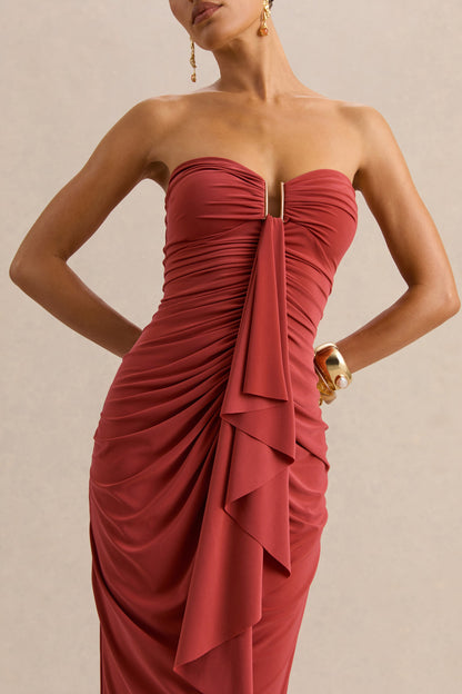 Chloe | Rust Bandeau Maxi Dress With Ruffled Detailing