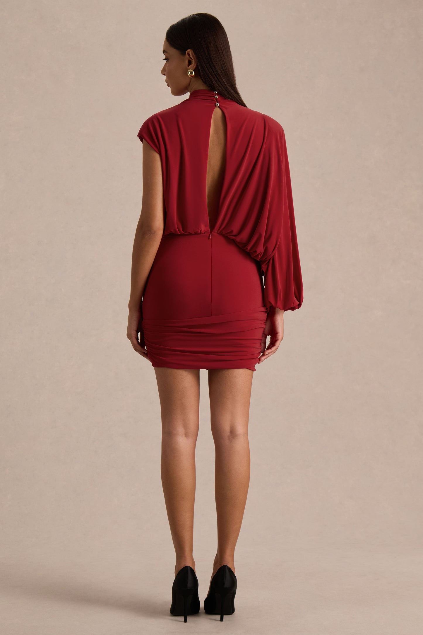 Zelda | Red High-Neck Mini Dress With One-Long Sleeve And Twisted Detail