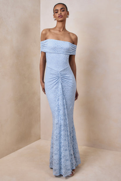 Elinor | Powder Blue Lace Bardot-Neck Maxi Dress With Gathered-Detailing