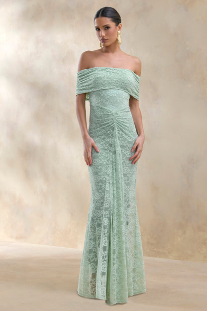 Elinor | Sage Lace Bardot-Neck Maxi Dress With Gathered-Detailing