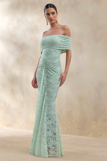 Elinor | Sage Lace Bardot-Neck Maxi Dress With Gathered-Detailing