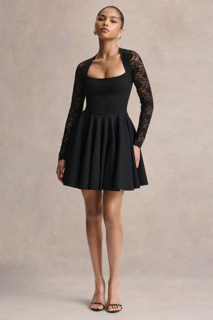 Elowen | Black Square-Neck Mini Dress With Lace-Sleeves