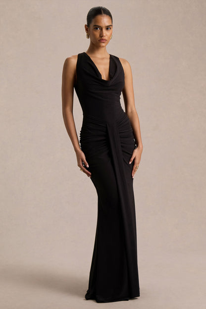Mallie | Black Cowl-Neck Maxi Dress With Gathered-Detailing