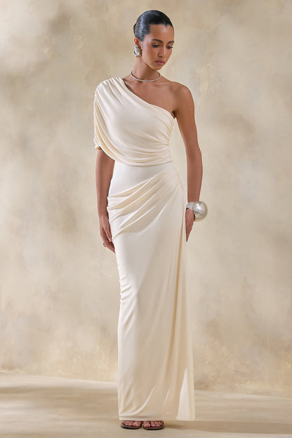 Iberia | Cream Asymmetric-Neck Maxi Dress With Draped Detail