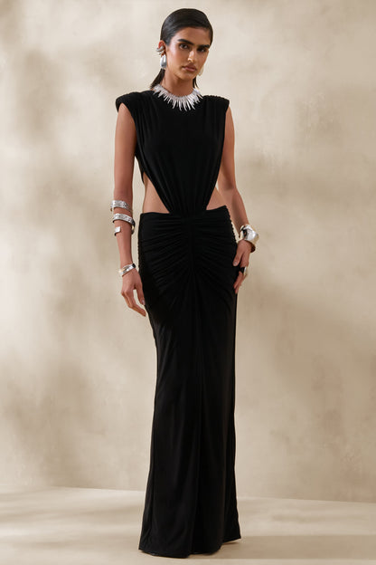 Imelda | Black Boat-Neck Maxi Dress With Body Cut-Out Details
