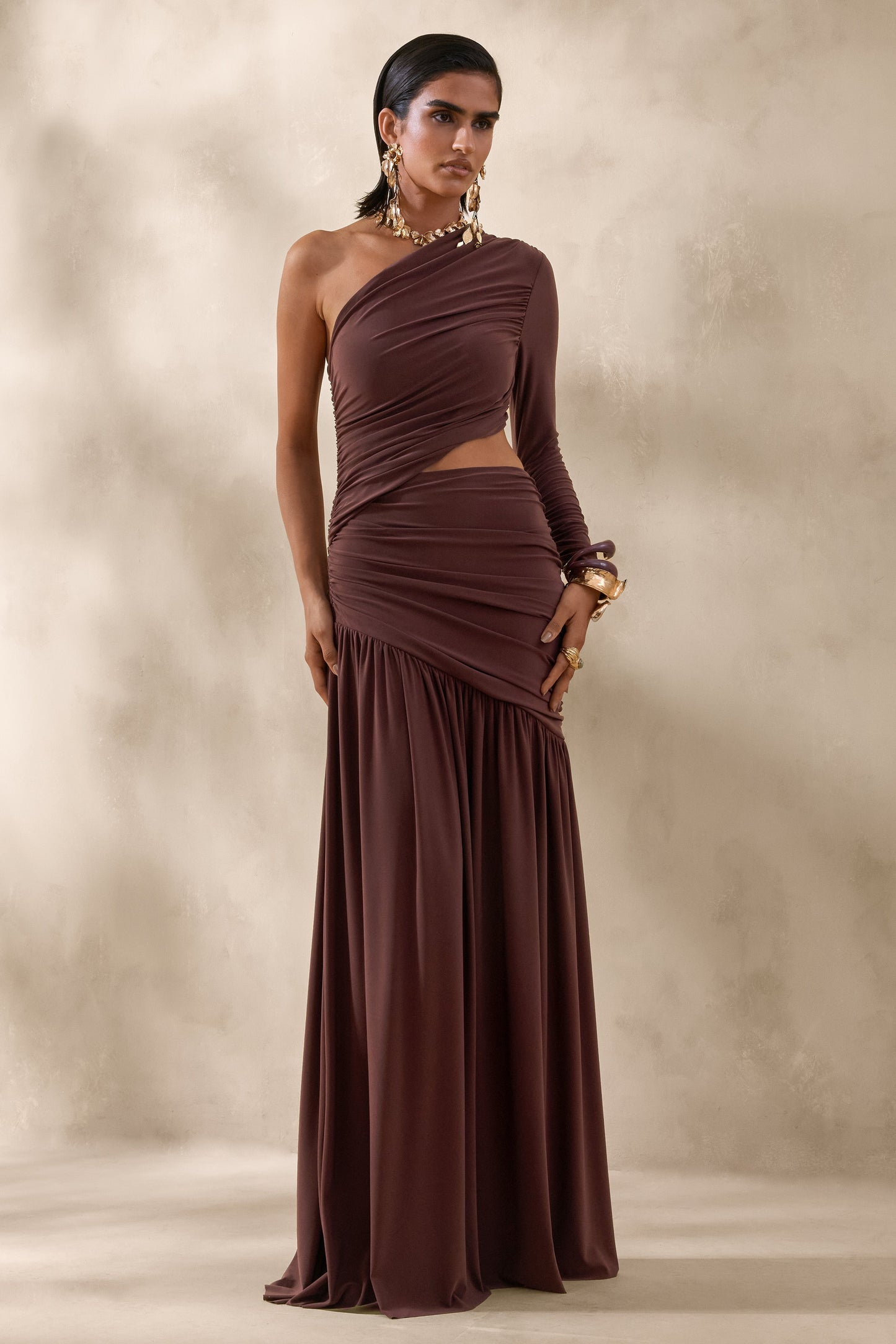 Kinsley | Brown Asymmetric-Neck Maxi Dress With Body Cut-Out Detail