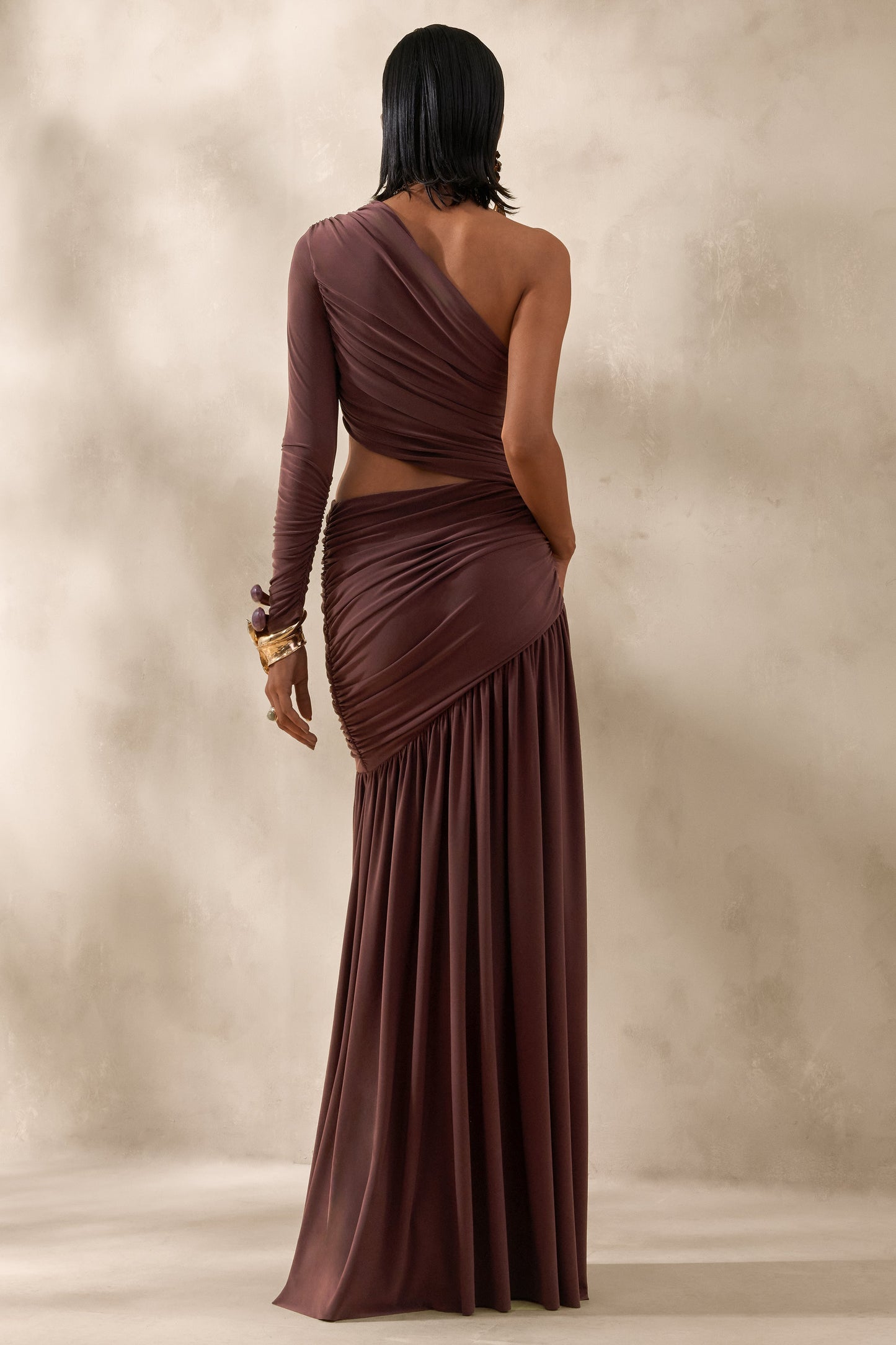 Kinsley | Brown Asymmetric-Neck Maxi Dress With Body Cut-Out Detail