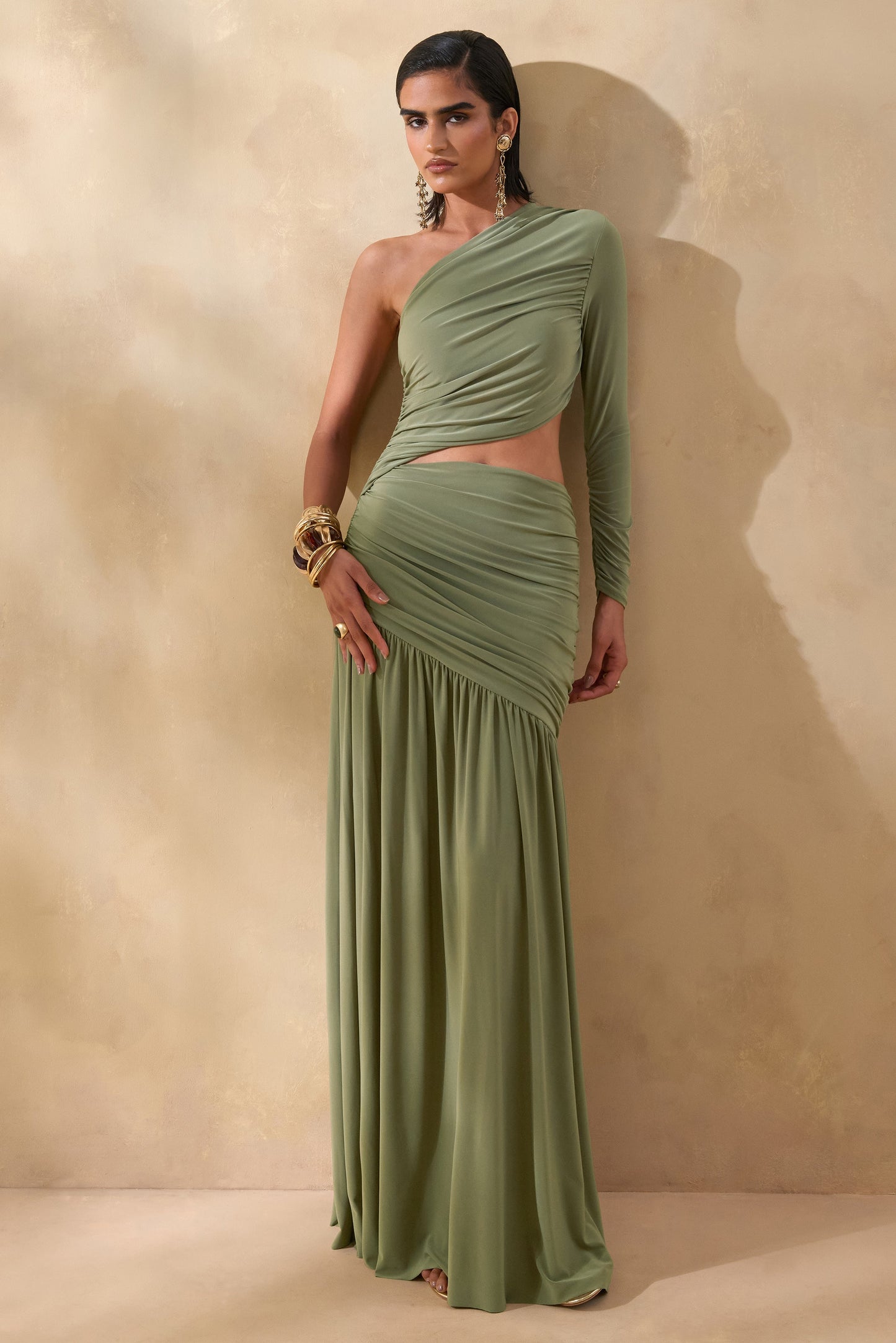 Kinsley | Olive Asymmetric-Neck Maxi Dress With Body Cut-Out Detail