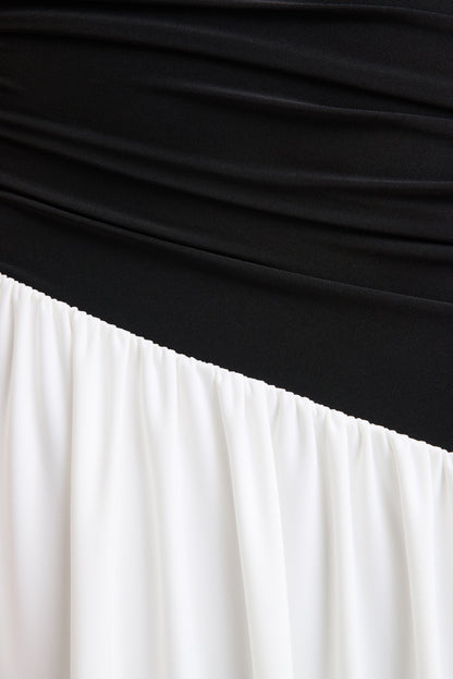 Danila | Black And White Asymmetric-Neck Maxi Dress With Drop-Waist