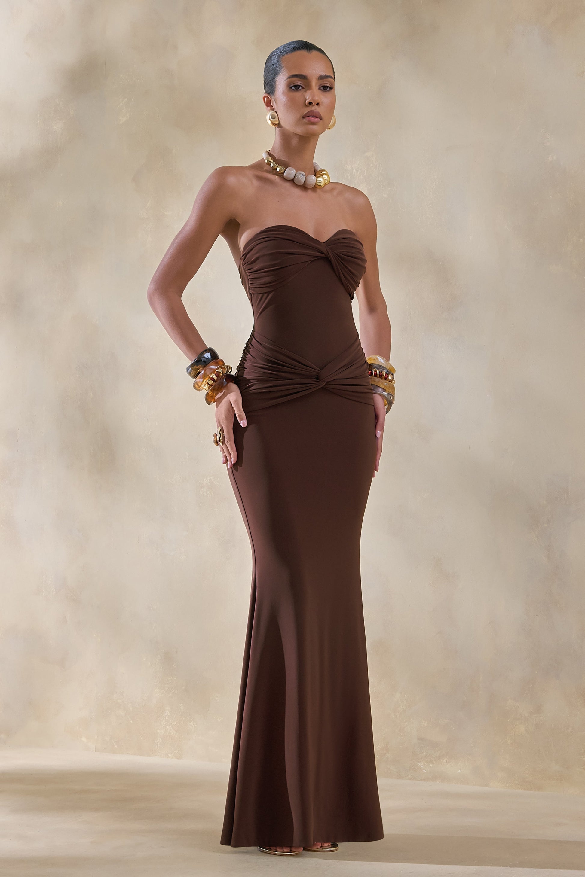 Elodia | Brown Bandeau Maxi Dress With Gathered-Detailing