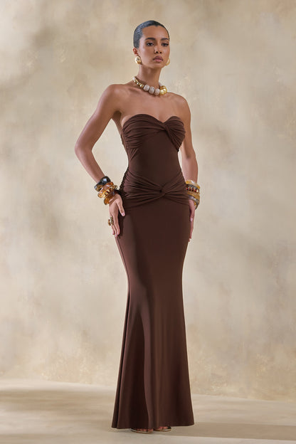 Elodia | Brown Bandeau Maxi Dress With Gathered-Detailing