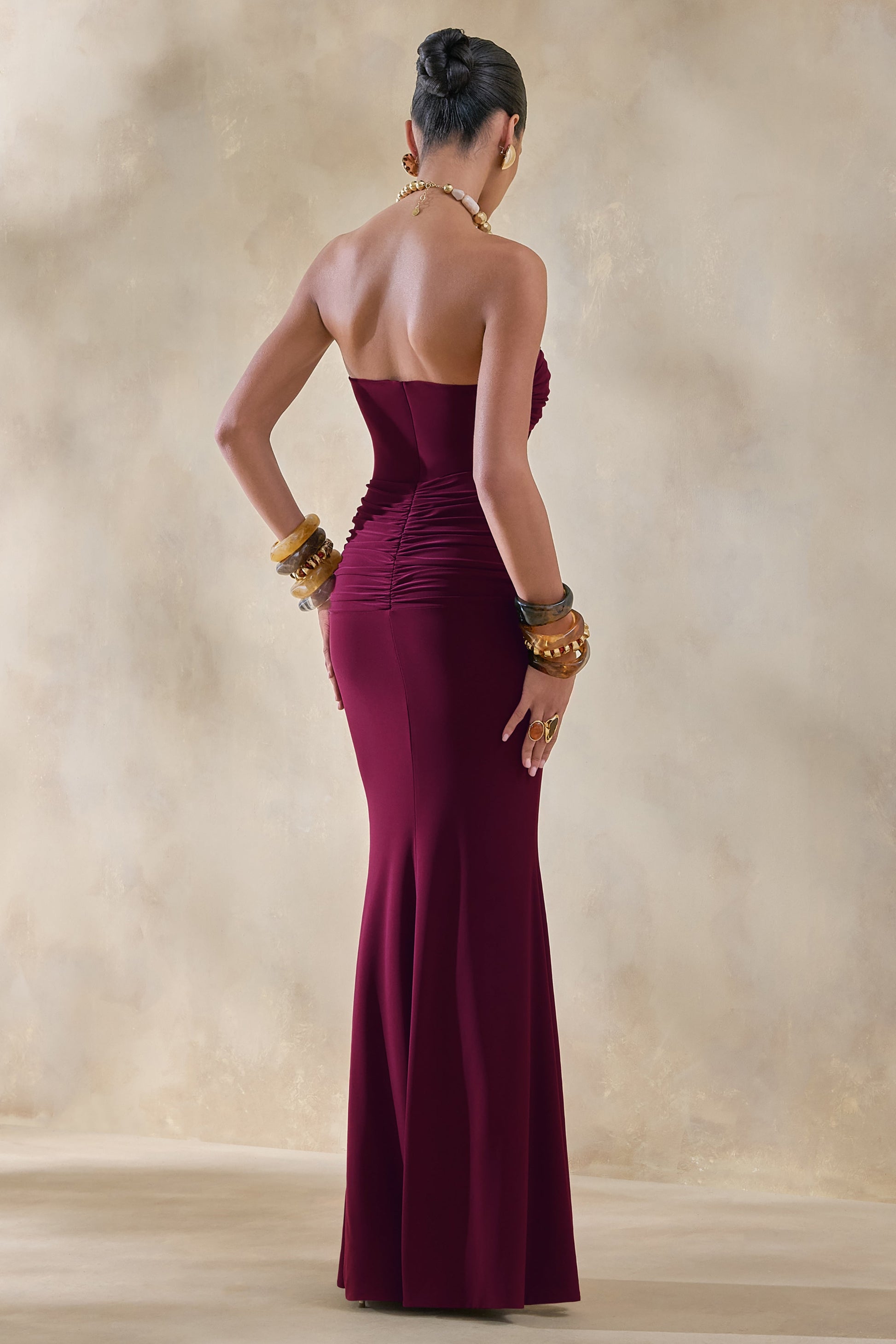 Elodia | Burgundy Bandeau Maxi Dress With Gathered-Detailing