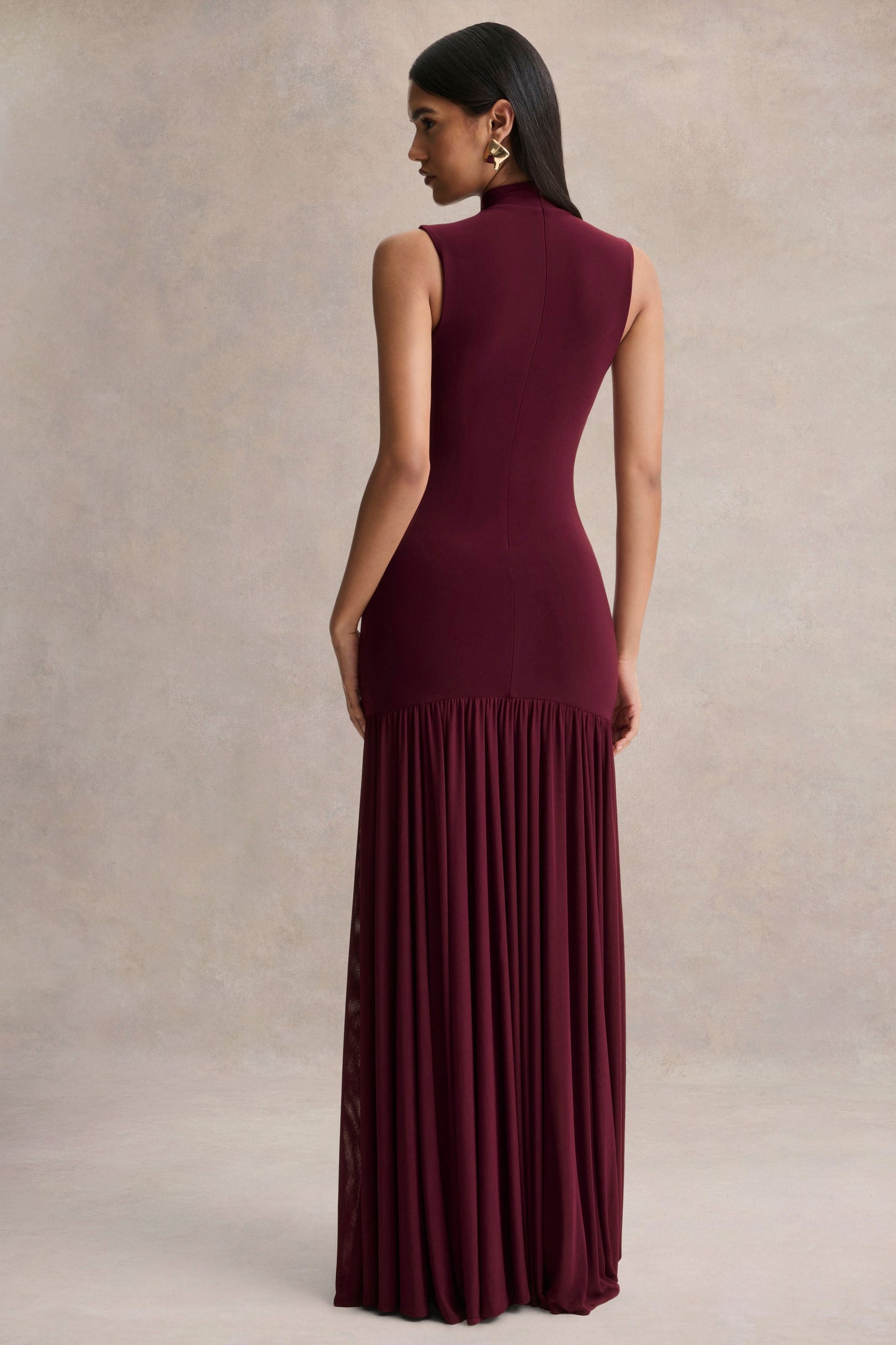 Gigi | Burgundy High-Neck Maxi Dress With Drop-Waist And Sheer Skirt
