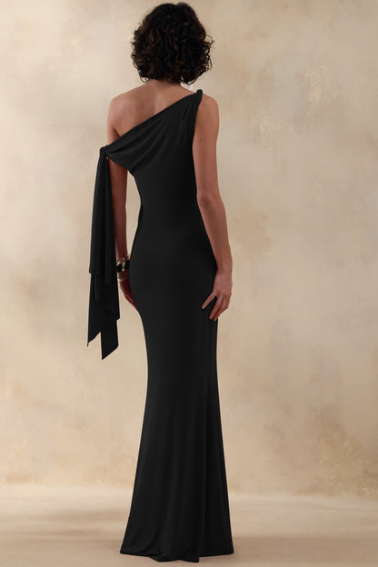 Vista | Black Asymmetric-Neck Maxi Dress With Knot-Sleeve Detail