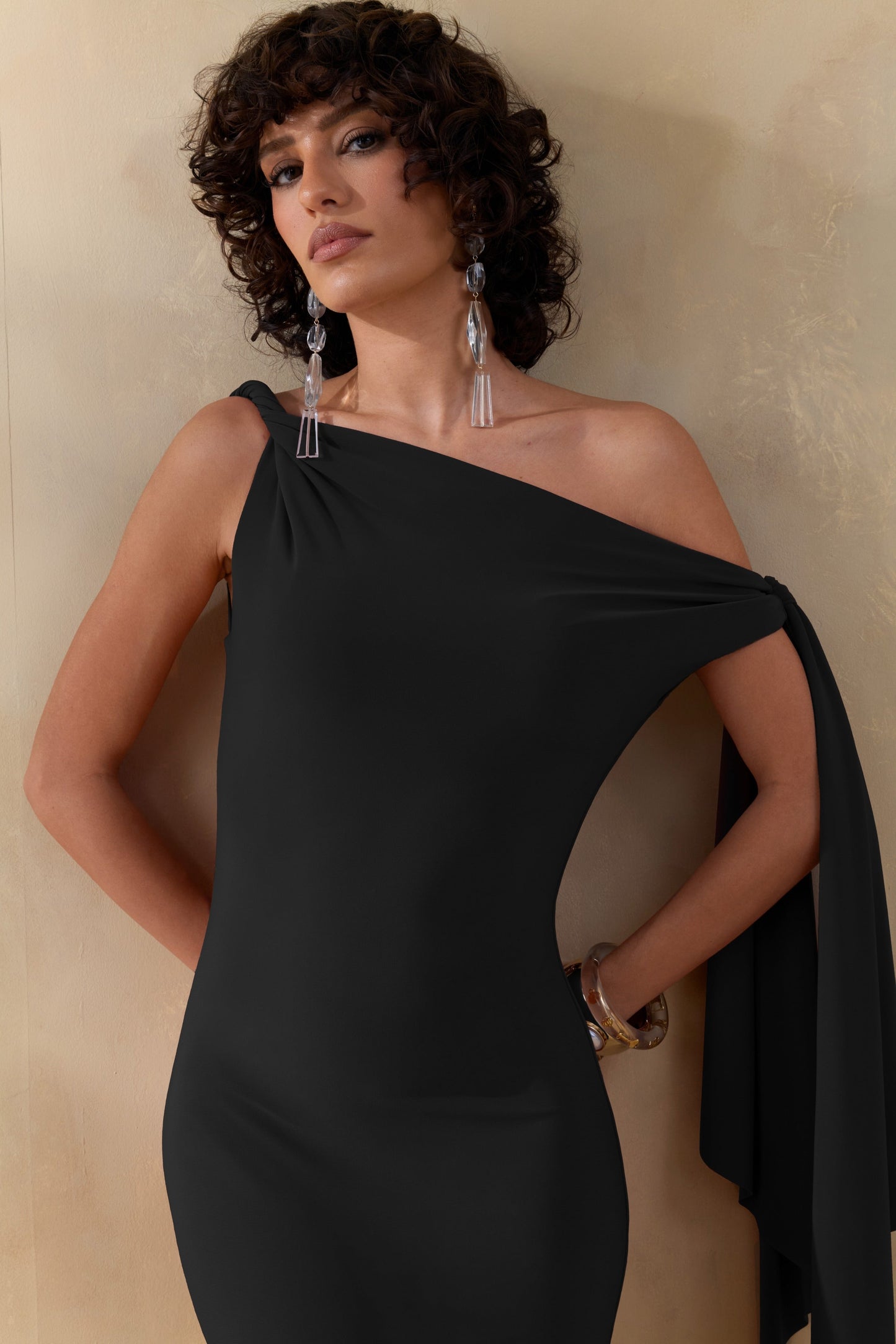 Vista | Black Asymmetric-Neck Maxi Dress With Knot-Sleeve Detail