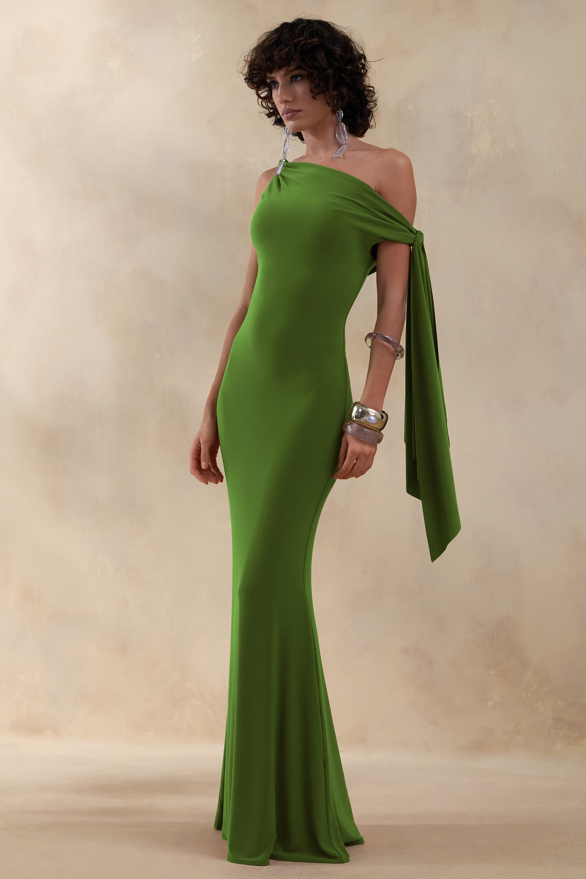 Vista | Green Asymmetric-Neck Maxi Dress With Knot-Sleeve Detail