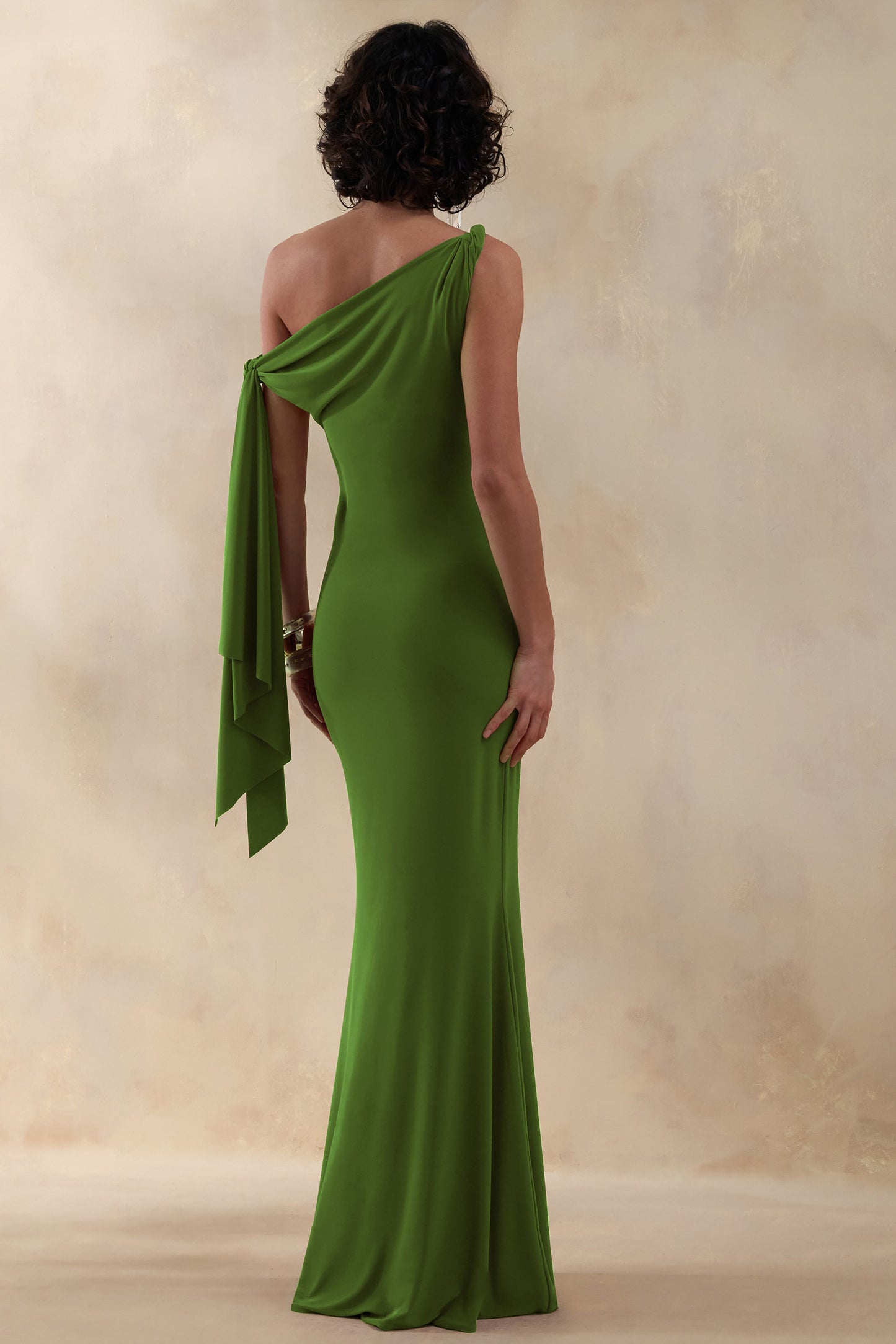 Vista | Green Asymmetric-Neck Maxi Dress With Knot-Sleeve Detail