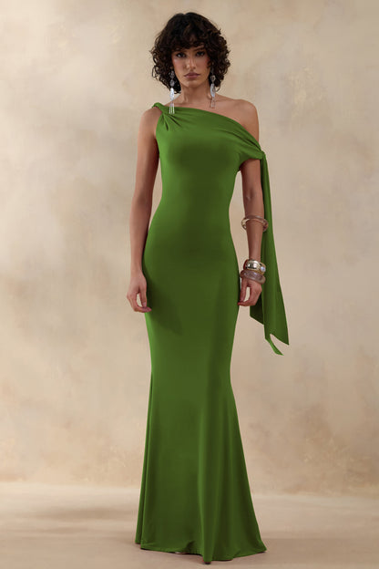 Vista | Green Asymmetric-Neck Maxi Dress With Knot-Sleeve Detail