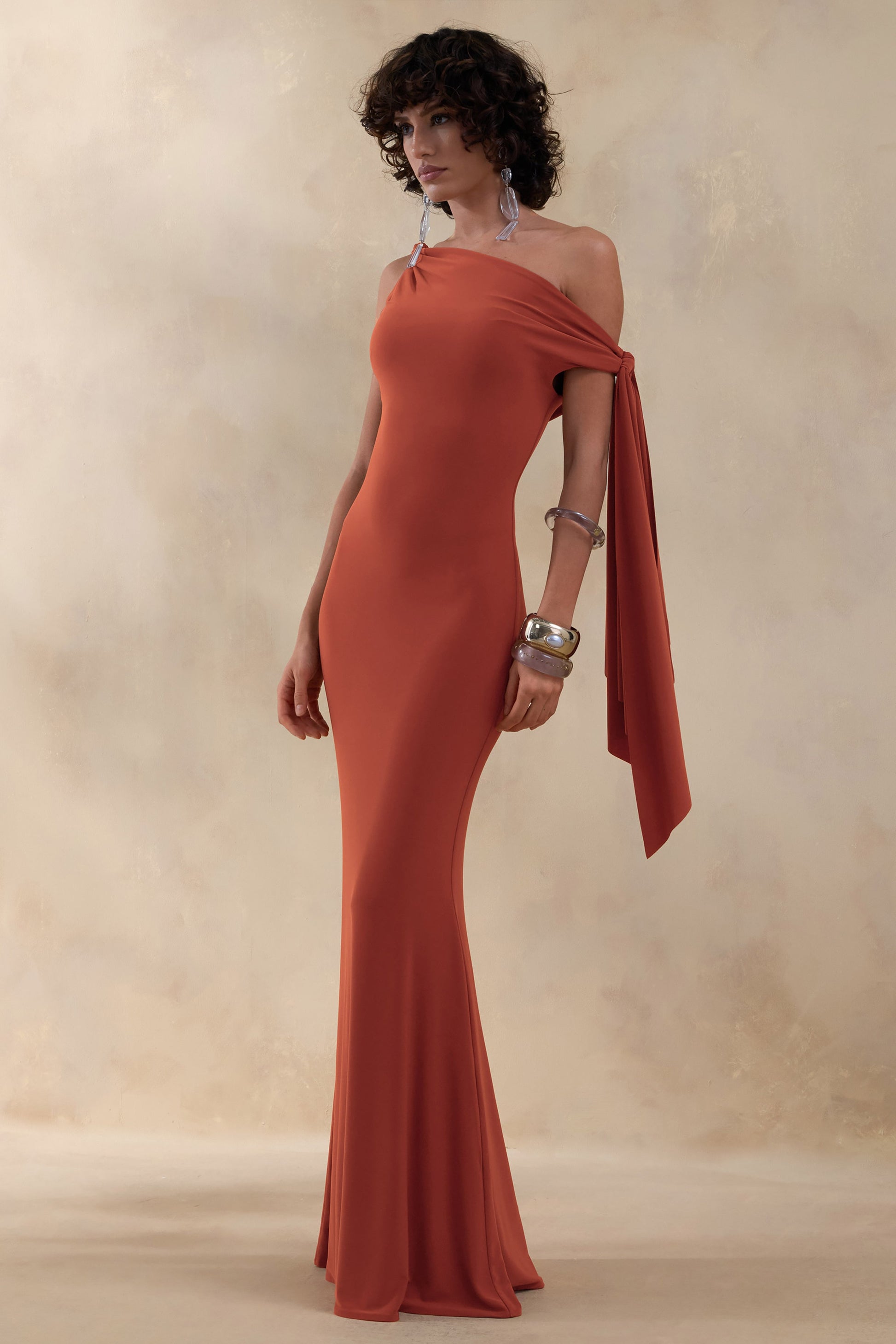 Vista | Rust Asymmetric-Neck Maxi Dress With Knot-Sleeve Detail