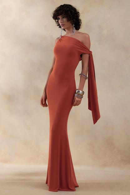 Vista | Rust Asymmetric-Neck Maxi Dress With Knot-Sleeve Detail