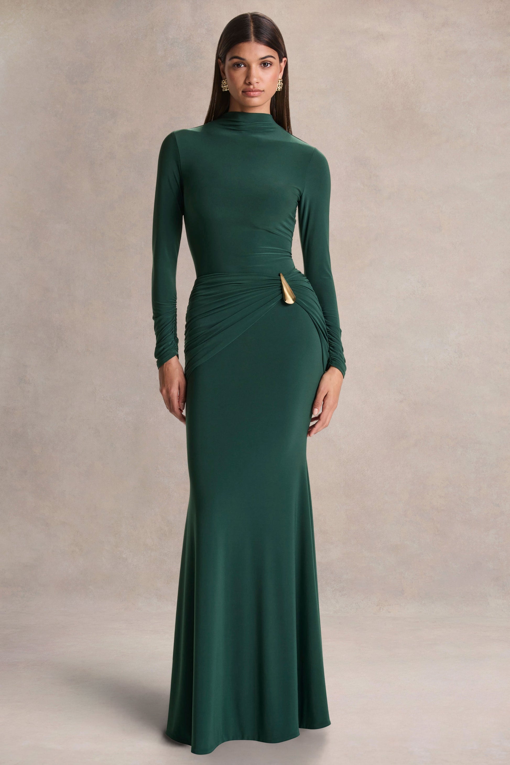Solarium | Dark Green Long-Sleeve Maxi Dress With Gold Detail