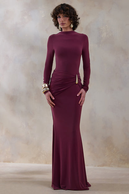 Solarium | Burgundy Long-Sleeve Maxi Dress With Gold Detail