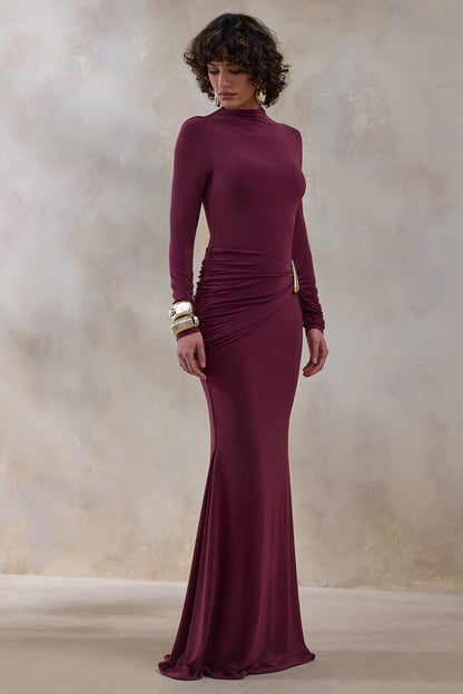 Solarium | Burgundy Long-Sleeve Maxi Dress With Gold Detail
