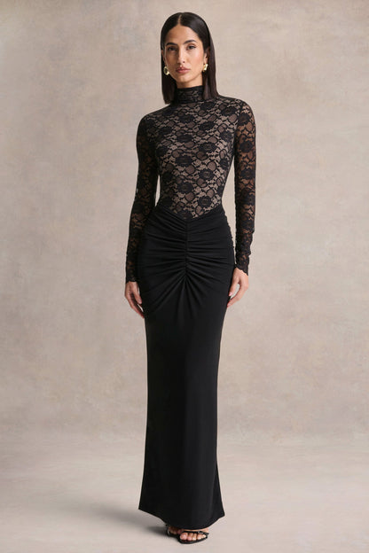 Justina | Black High-Neck Maxi Dress With Gathered-Detailing
