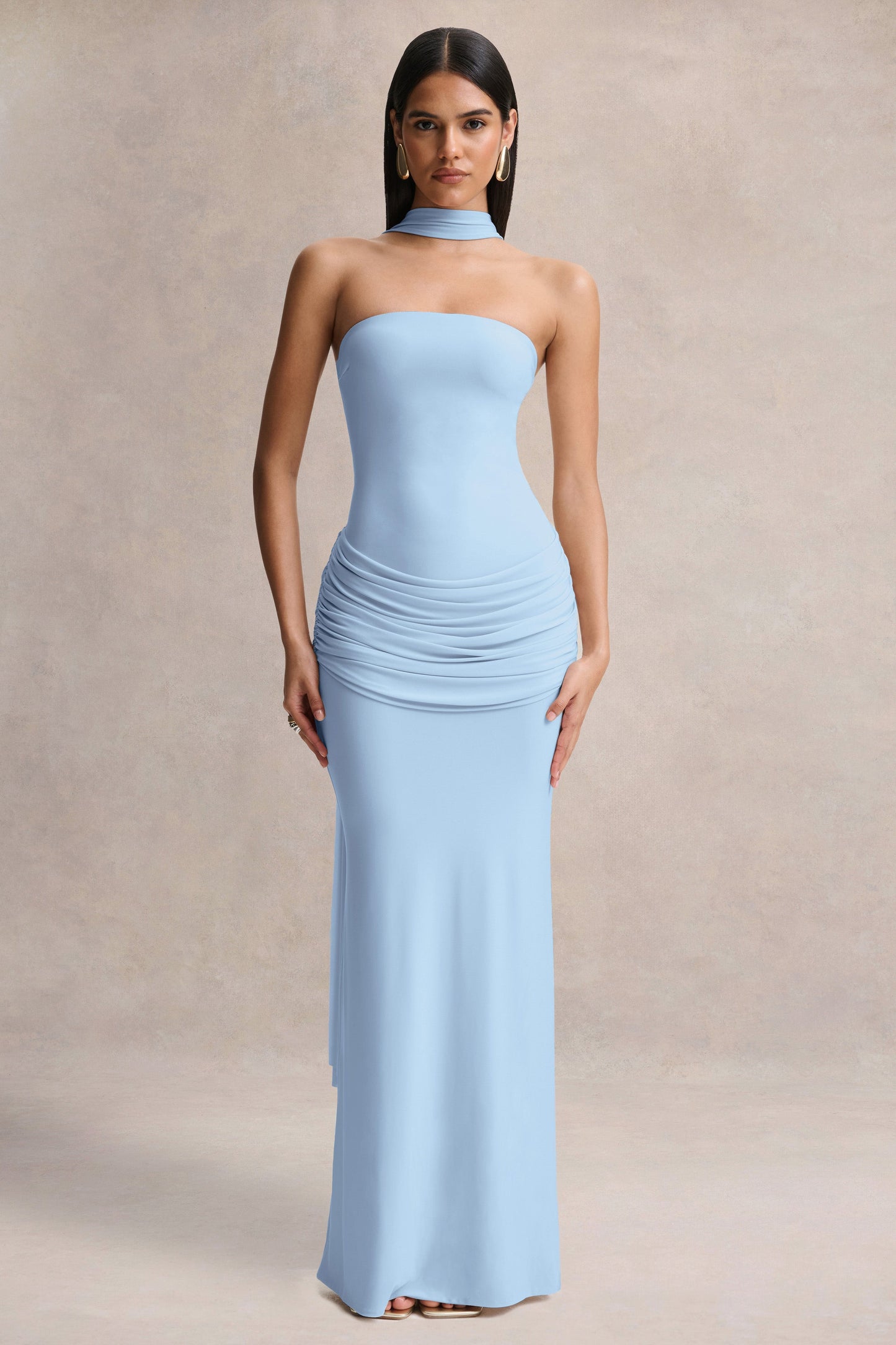 Graciella | Light Blue Bandeau Maxi Dress With Draped Detailing And Scarf