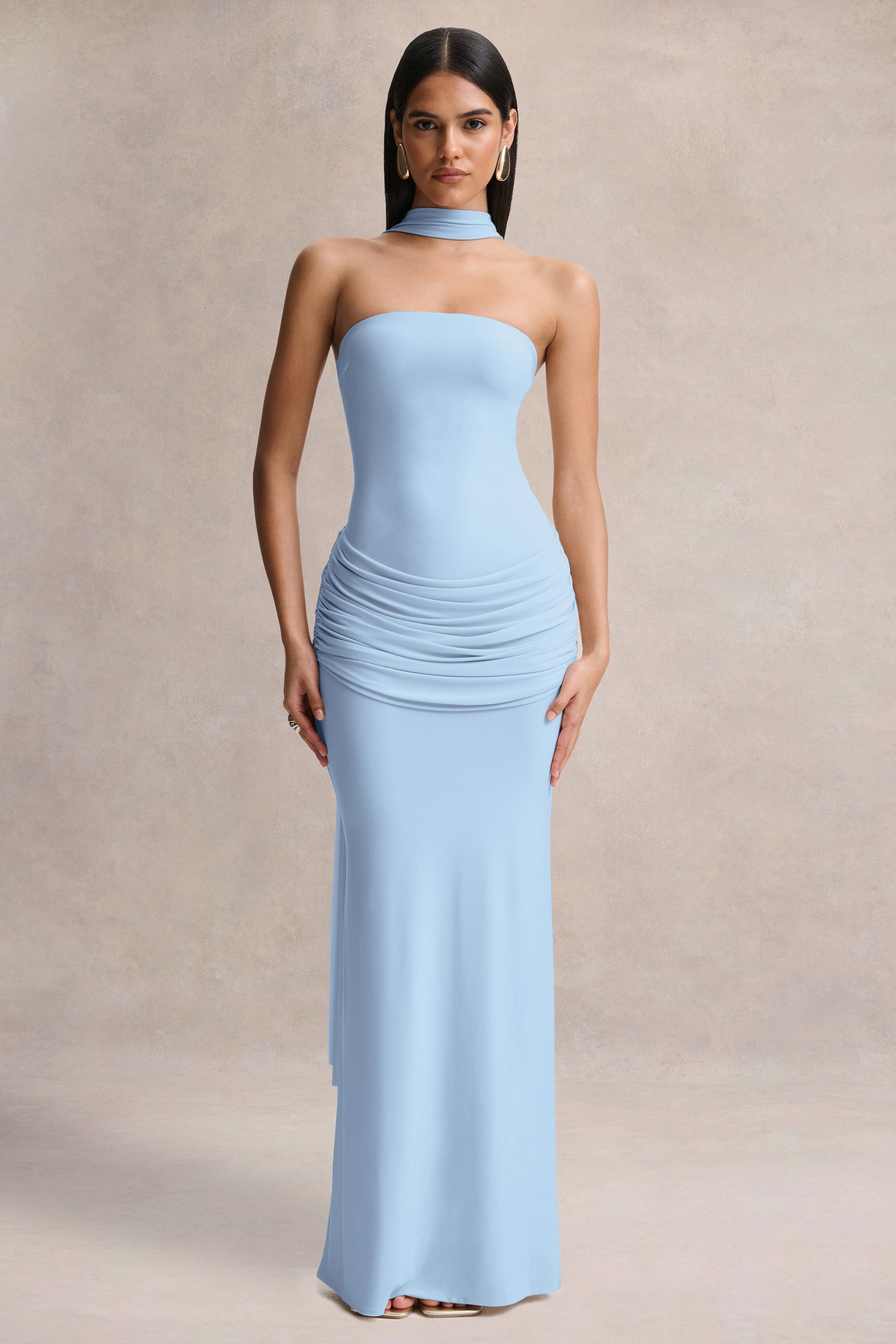 Graciella | Light Blue Bandeau Maxi Dress With Draped Detailing And Scarf