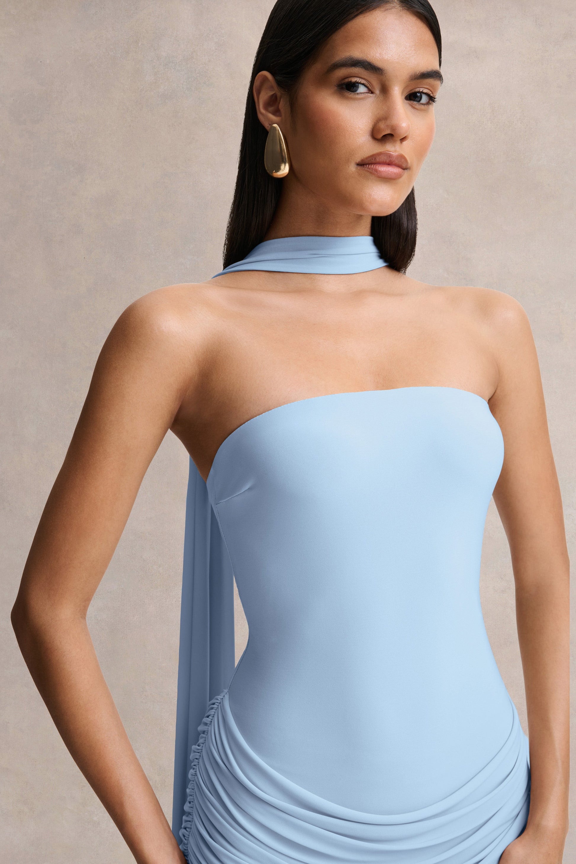 Graciella | Light Blue Bandeau Maxi Dress With Draped Detailing And Scarf