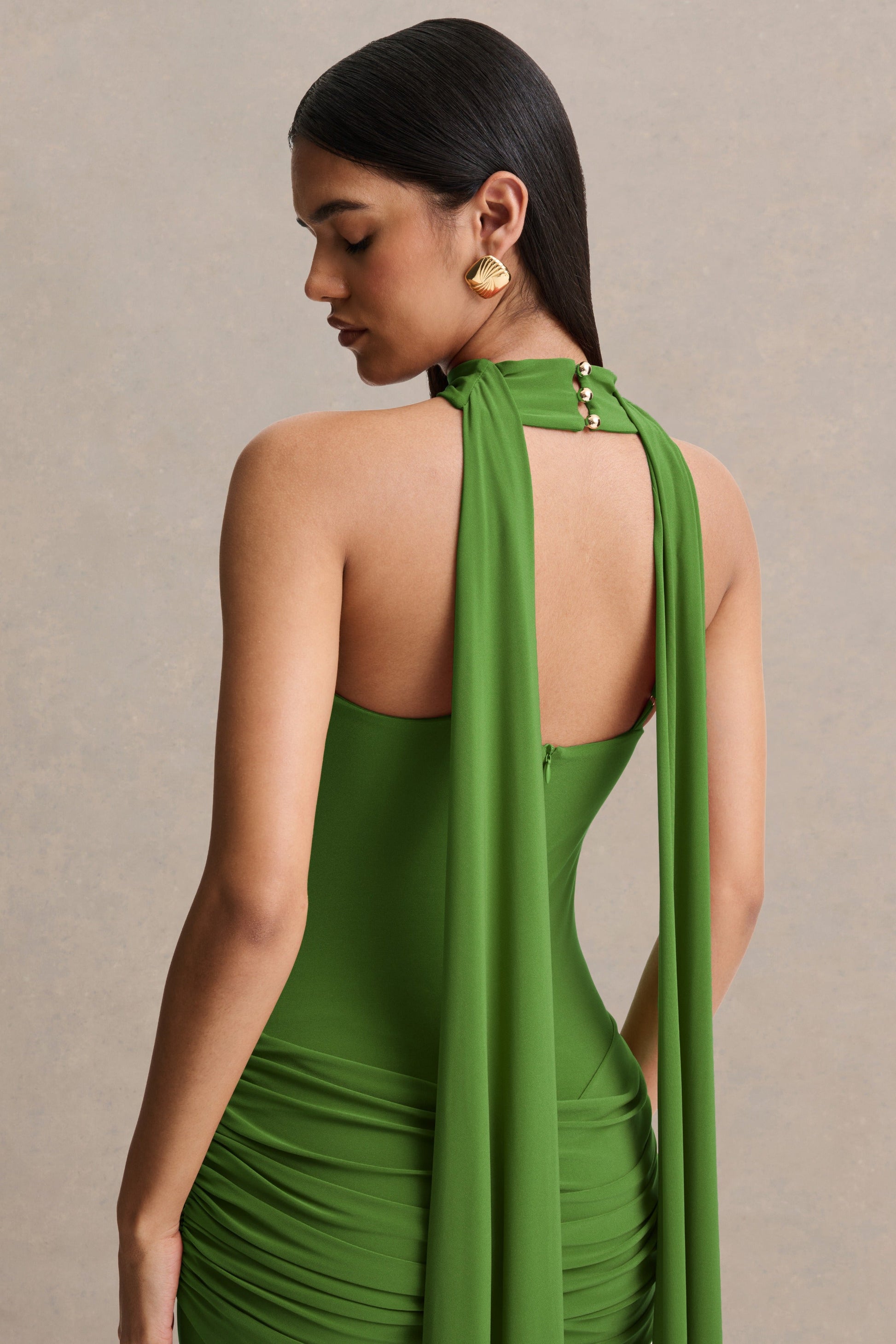 Graciella | Green Bandeau Maxi Dress With Draped Detailing And Scarf