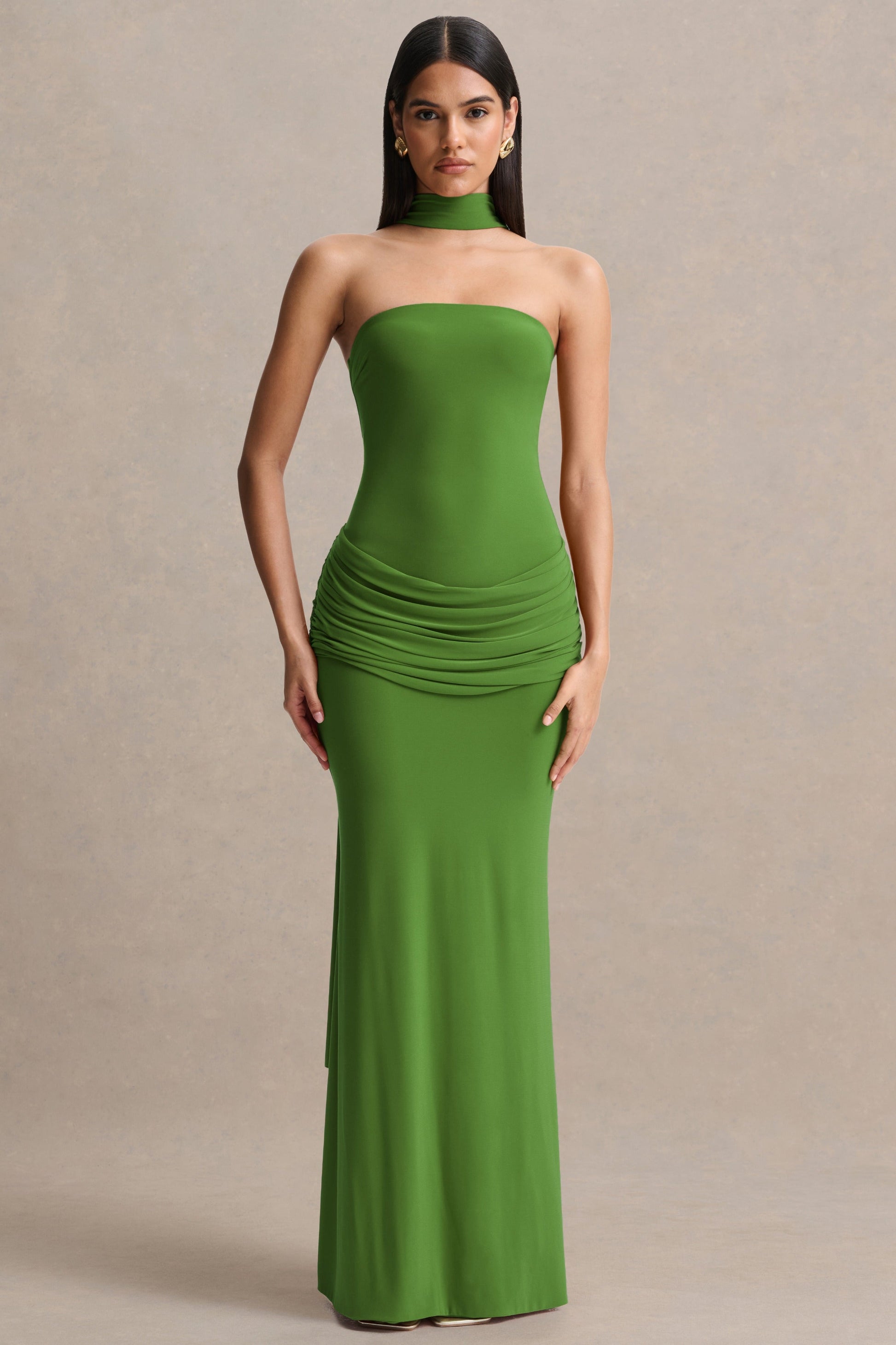 Graciella | Green Bandeau Maxi Dress With Draped Detailing And Scarf