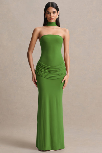 Graciella | Green Bandeau Maxi Dress With Draped Detailing And Scarf