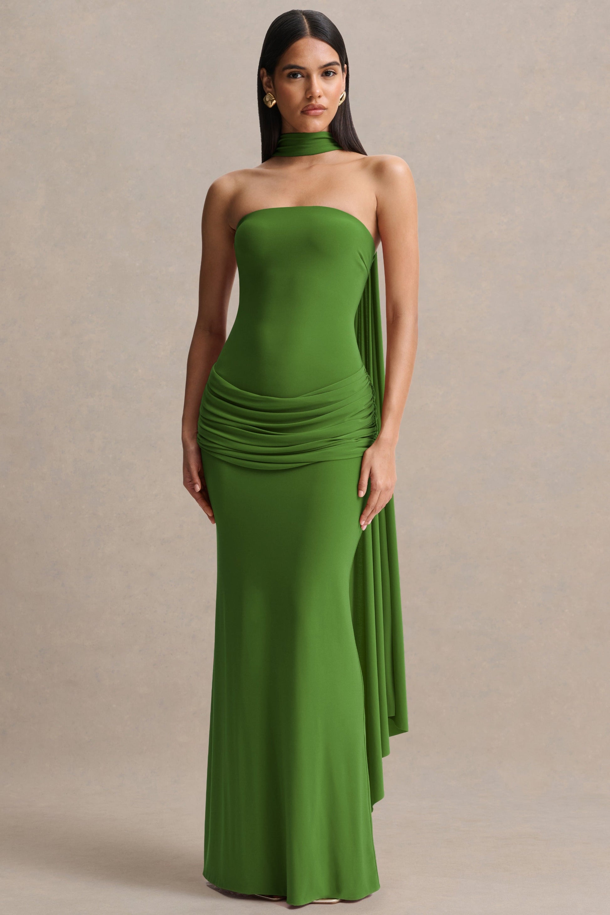 Graciella | Green Bandeau Maxi Dress With Draped Detailing And Scarf