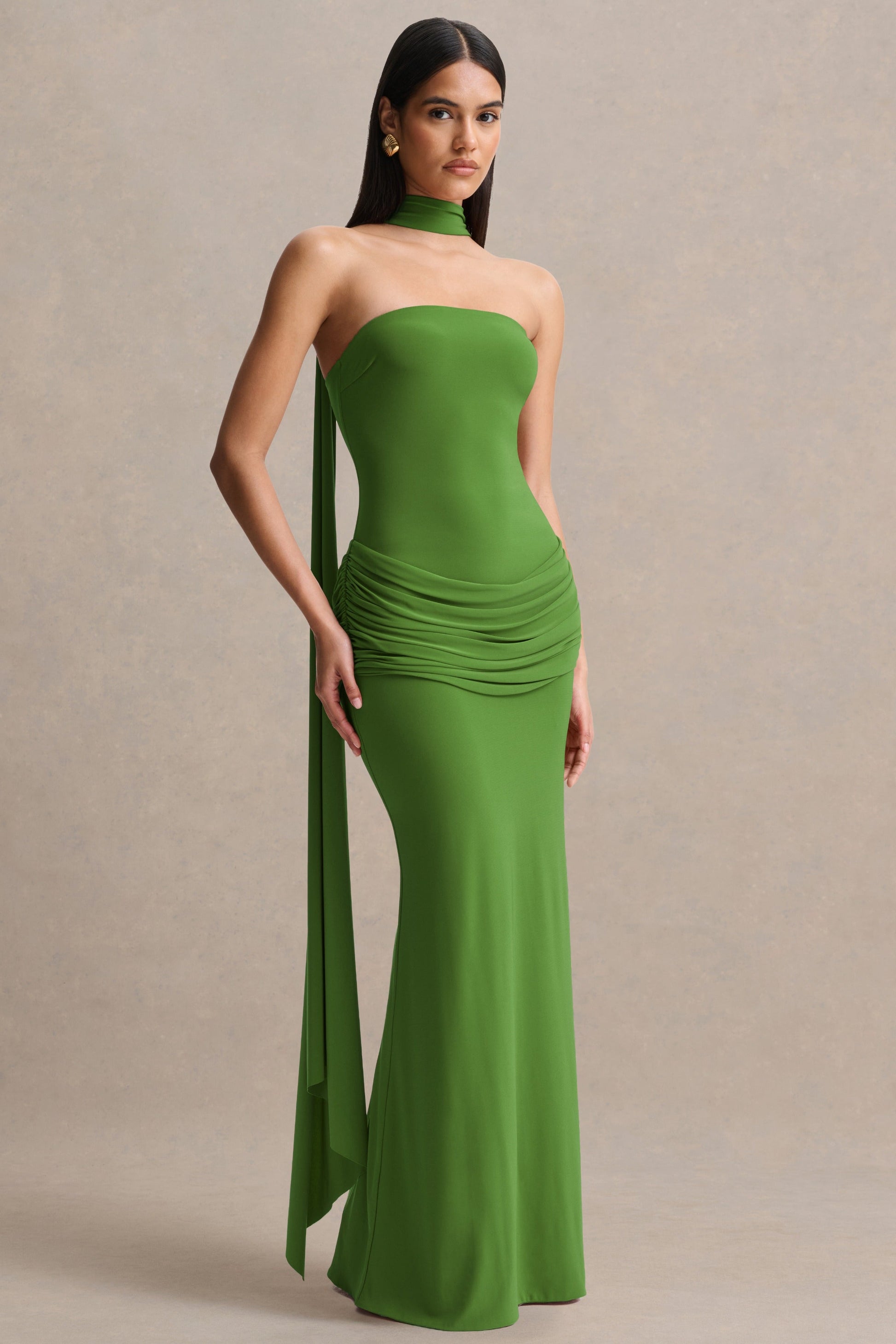 Graciella | Green Bandeau Maxi Dress With Draped Detailing And Scarf
