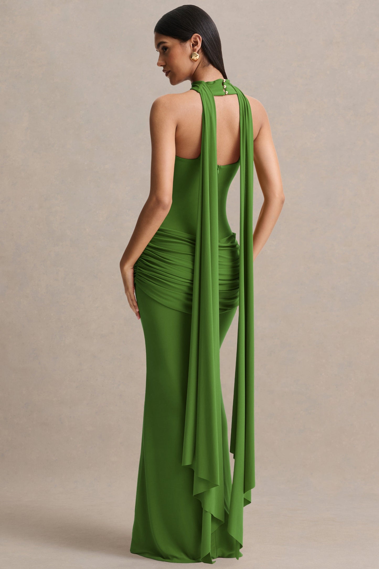 Graciella | Green Bandeau Maxi Dress With Draped Detailing And Scarf