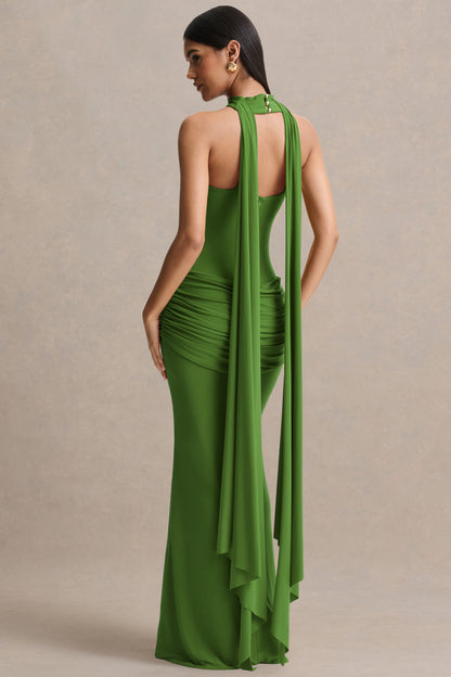 Graciella | Green Bandeau Maxi Dress With Draped Detailing And Scarf