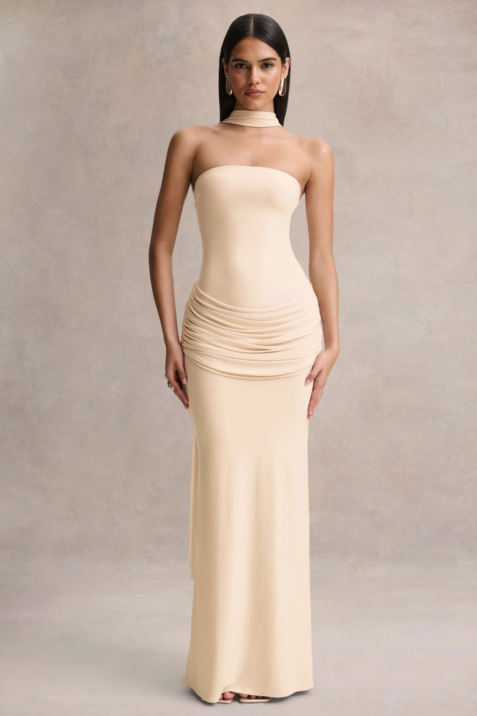 Graciella | Cream Bandeau Maxi Dress With Draped Detailing And Scarf