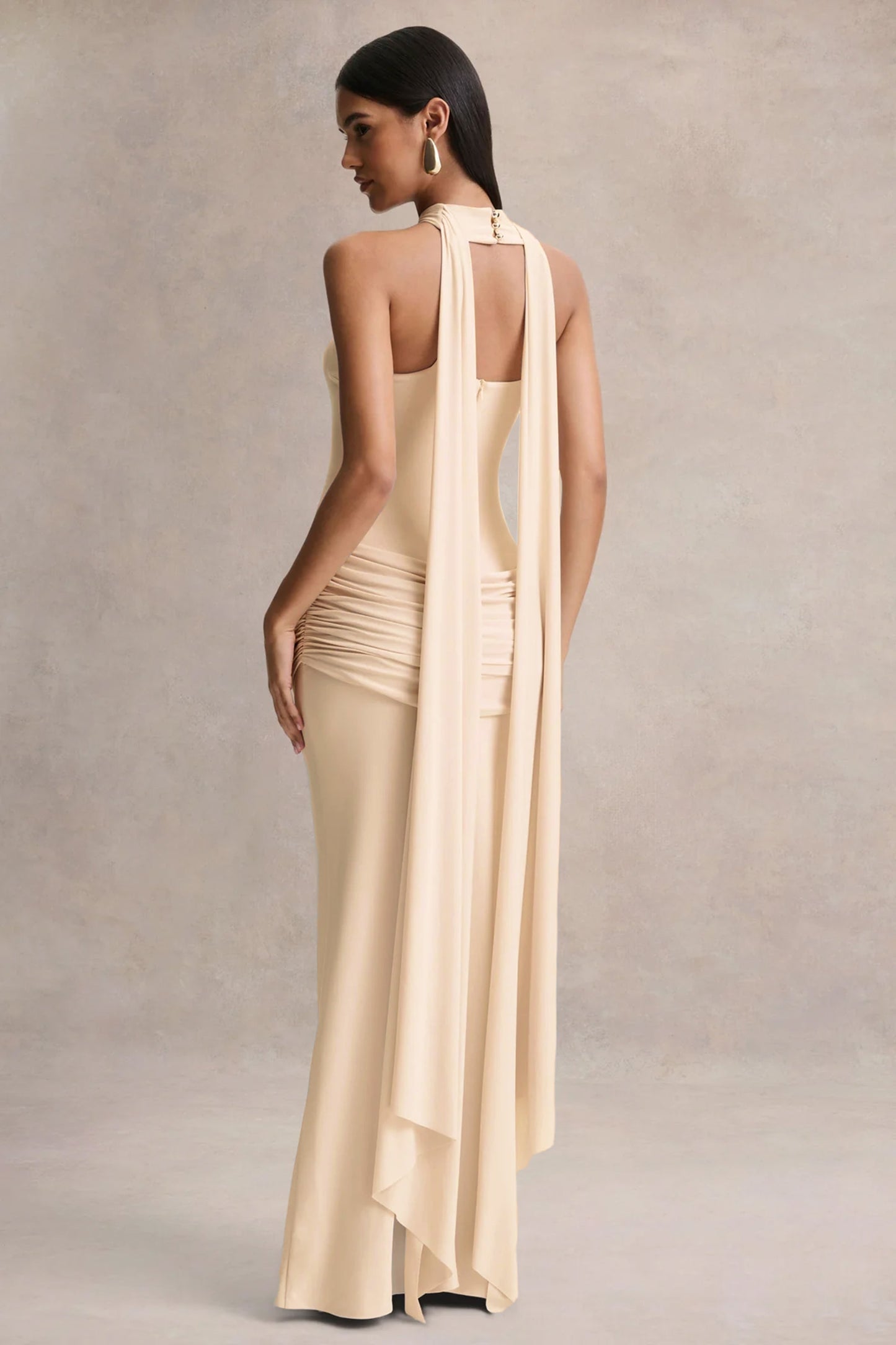 Graciella | Cream Bandeau Maxi Dress With Draped Detailing And Scarf