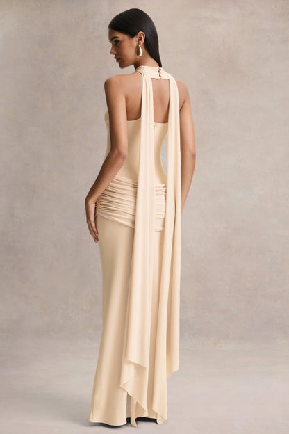 Graciella | Cream Bandeau Maxi Dress With Draped Detailing And Scarf