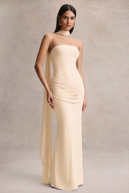 Graciella | Cream Bandeau Maxi Dress With Draped Detailing And Scarf