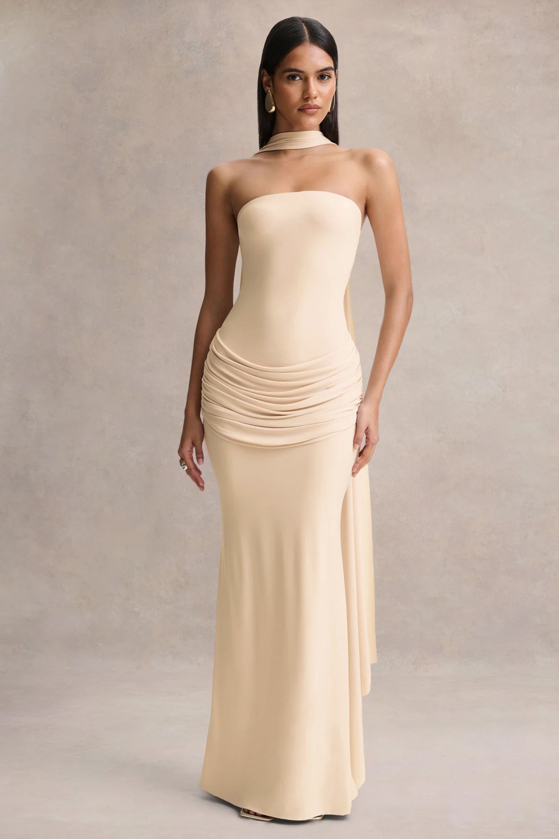 Graciella | Cream Bandeau Maxi Dress With Draped Detailing And Scarf